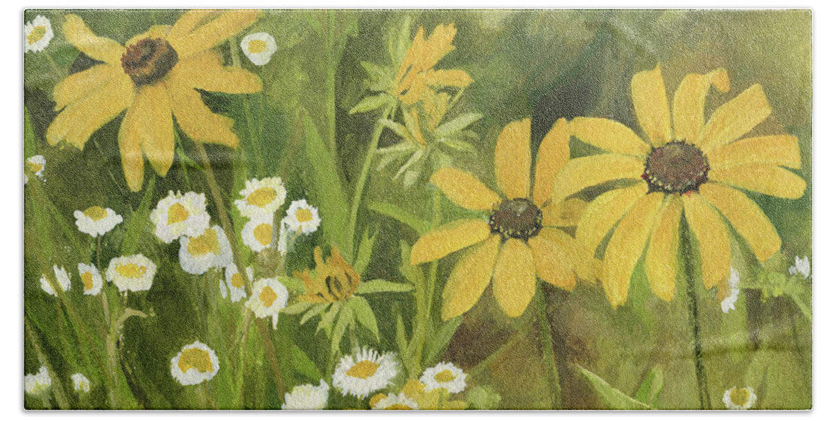 Nature Art Bath Towel featuring the painting Black-eyed Susans in a Field by Laurie Rohner