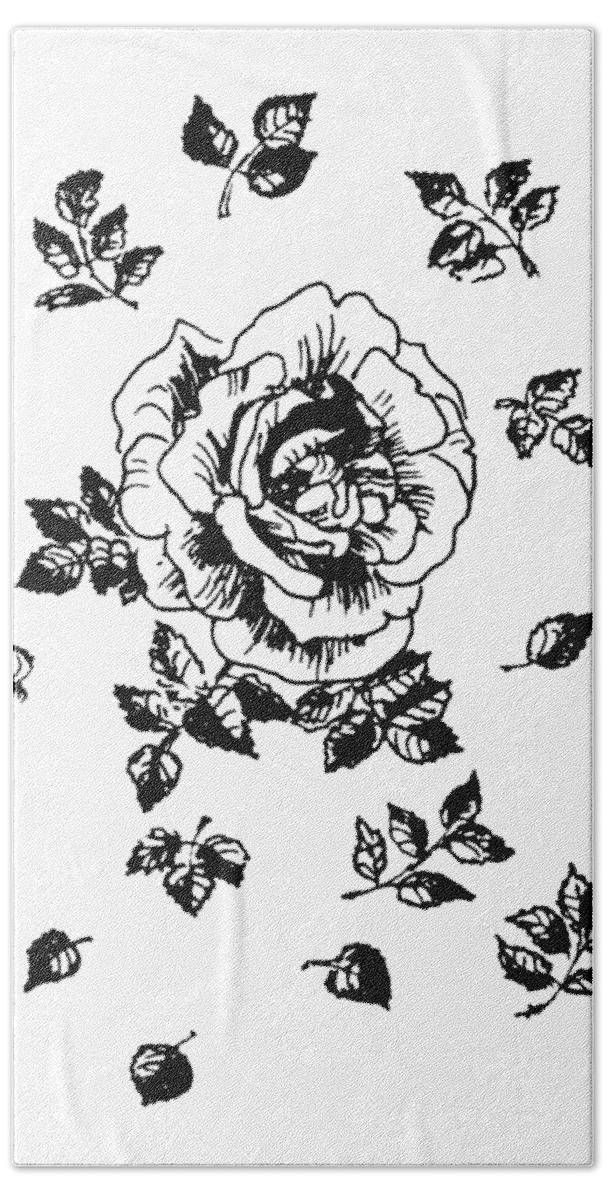 Rose Bath Towel featuring the drawing Black Graphic Rose by Masha Batkova