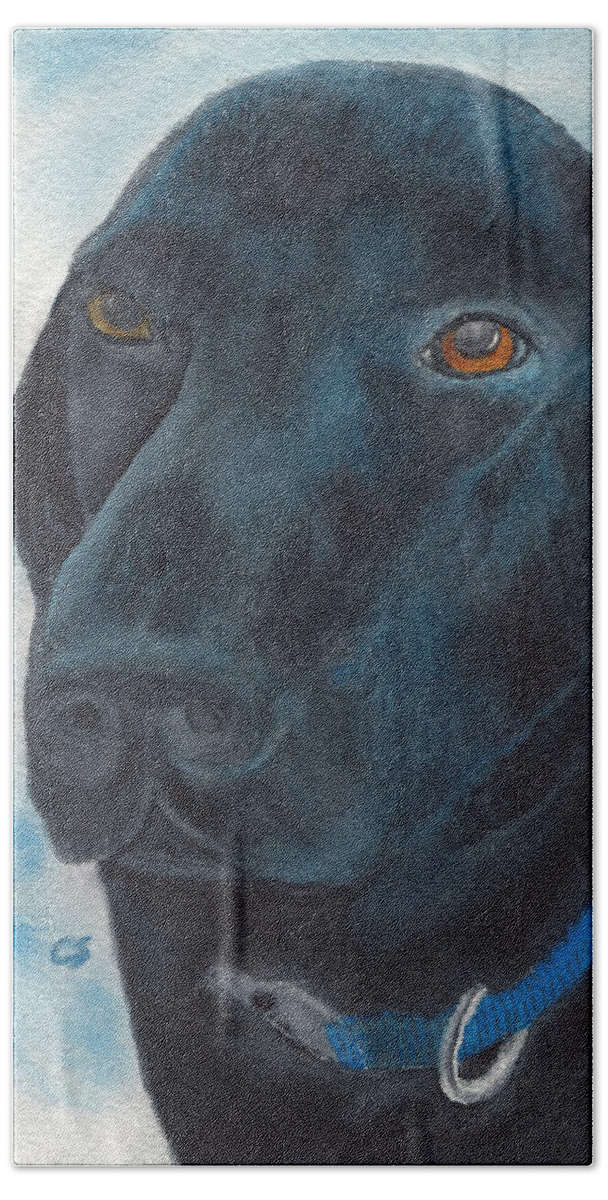 Dog Bath Towel featuring the painting Black Labrador with Copper Eyes Portrait II by Conni Schaftenaar