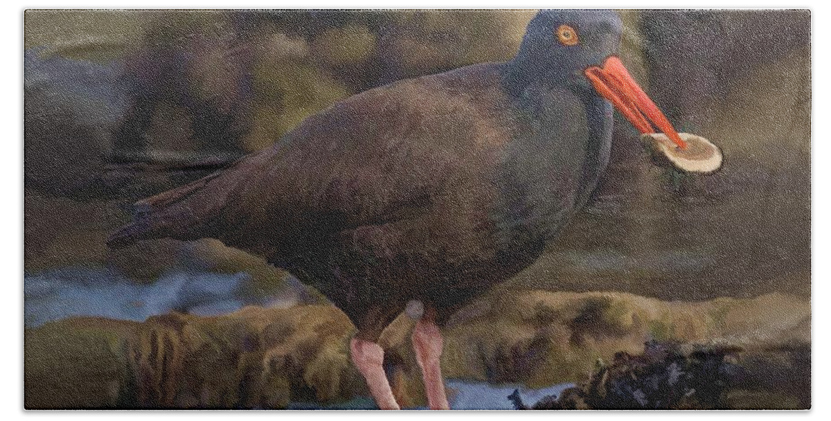 Black Oyster Catcher Bath Towel featuring the painting Black Oyster Catcher by David Wagner