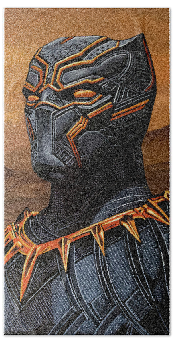 Chadwick Boseman Bath Towel featuring the painting Black Panther Painting by Paul Meijering