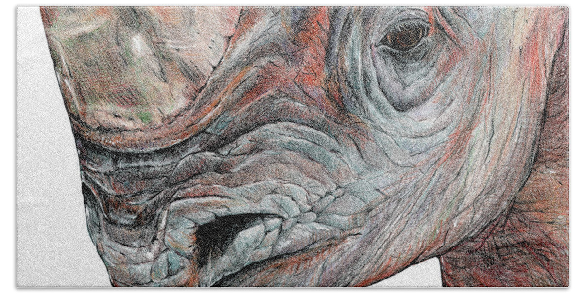 Black Rhino Hand Towel featuring the drawing Black Rhino by Becky Brooks