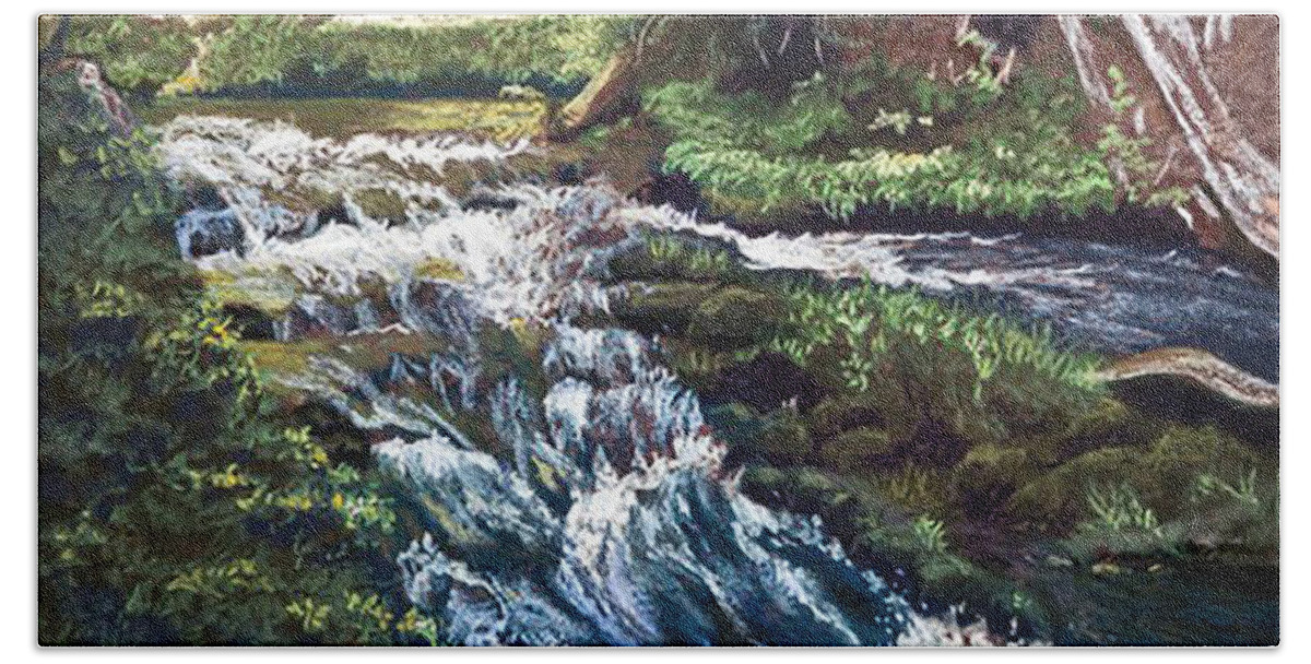 Black River Falls Hand Towel featuring the pastel Black River Falls Michigan by Gerry Delongchamp