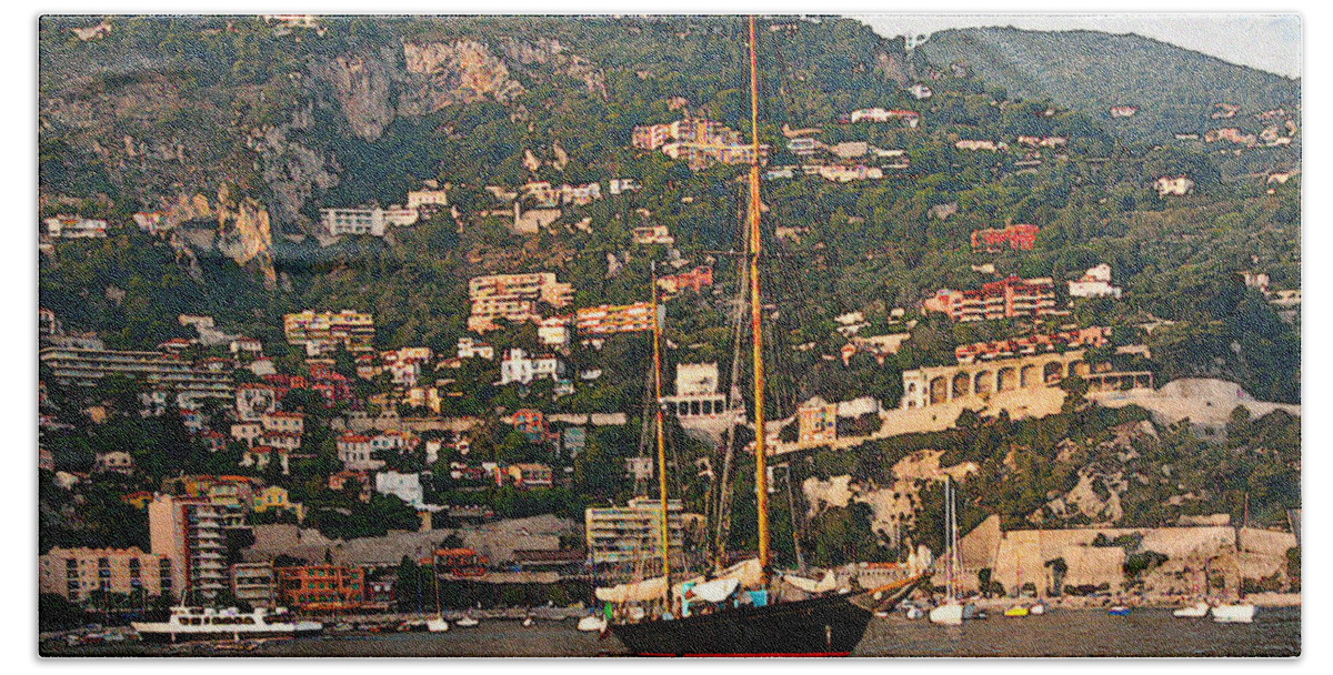 Villefranche Hand Towel featuring the photograph Black Sailboat At Villefranche II by Steven Sparks