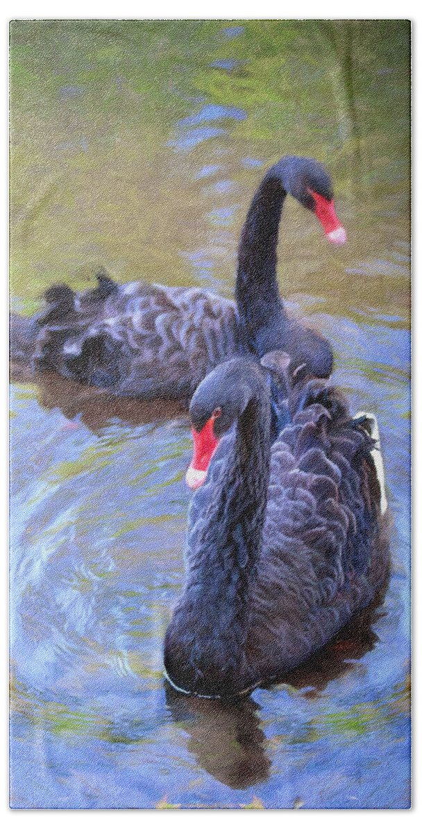 Swan Bath Towel featuring the photograph Black Swans by Susan Rissi Tregoning