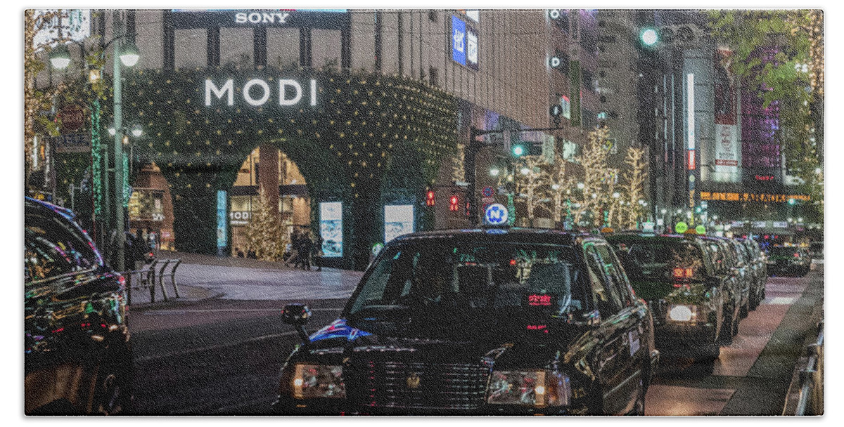 People Hand Towel featuring the photograph Black Taxi in Tokyo, Japan by Perry Rodriguez