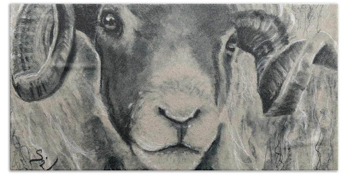 Charcoal Bath Towel featuring the drawing Blackface Mountain Sheep by Lidija Ivanek - SiLa