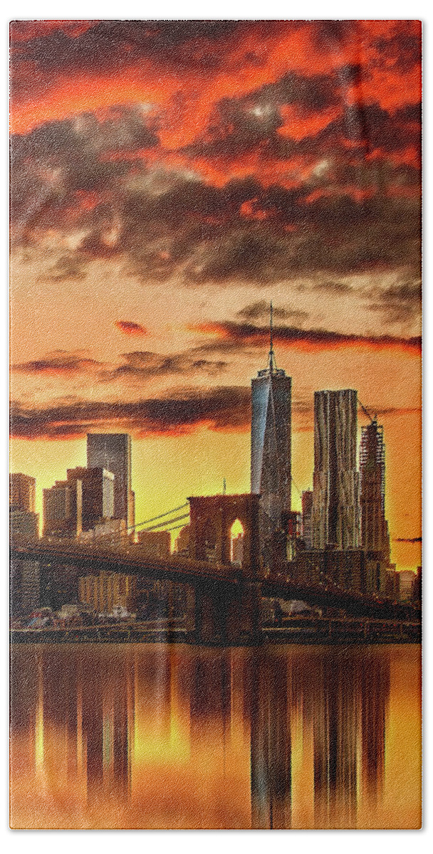 New York City Hand Towel featuring the photograph Blazing Manhattan Skyline by Az Jackson