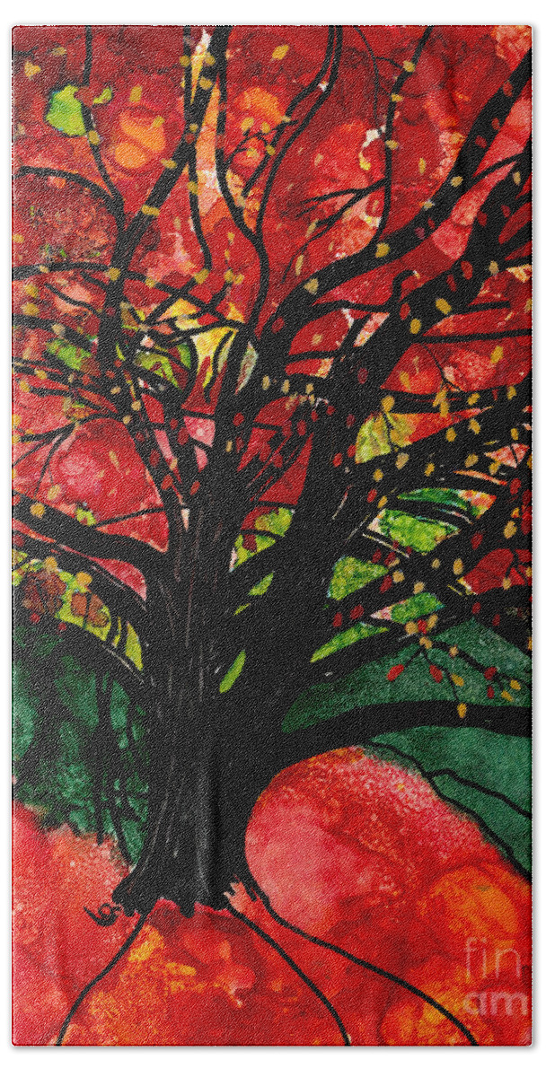 Blazing Autumn Tree Bath Towel featuring the mixed media Blazing Red Orange Autumn Tree by Conni Schaftenaar