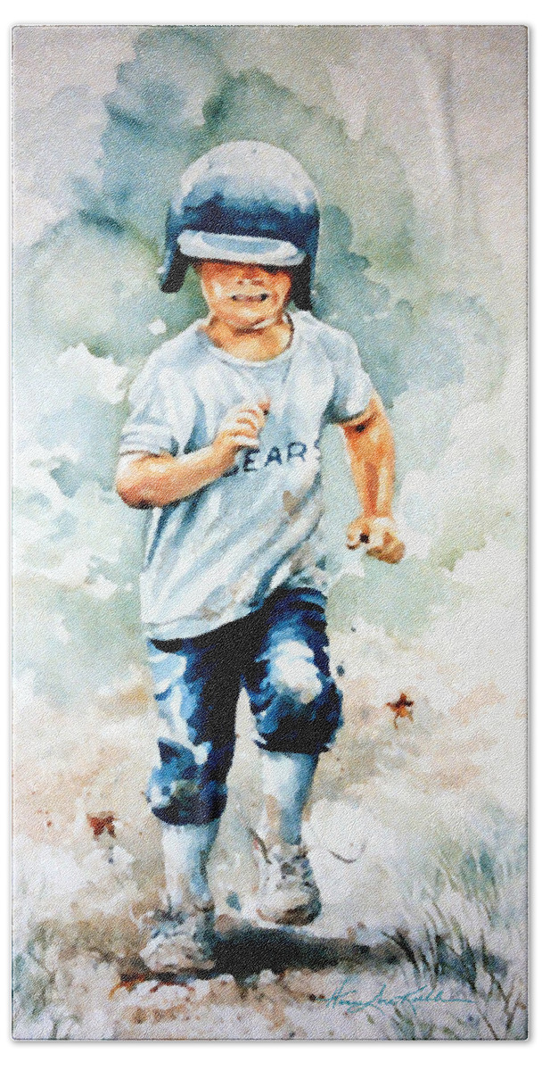 Kids Baseball Art Hand Towel featuring the painting Blind Dash For First by Hanne Lore Koehler