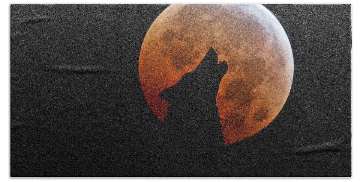 Blood Moon Bath Towel featuring the digital art Blood Full Moon and the Wolf by Marianna Mills