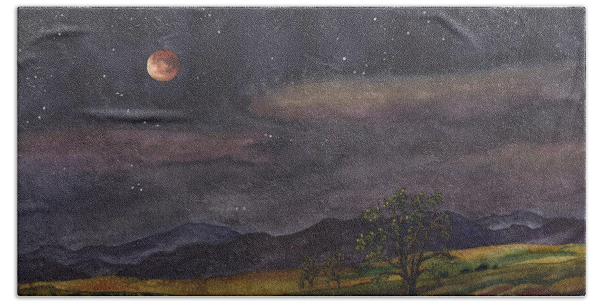 Blood Moon Painting Hand Towel featuring the painting Blood Moon Over Boulder by Anne Gifford