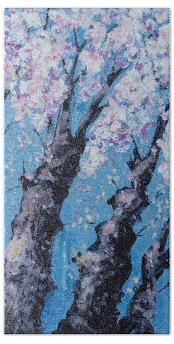 Spring Bath Towel featuring the painting Blooming trees by Maxim Komissarchik