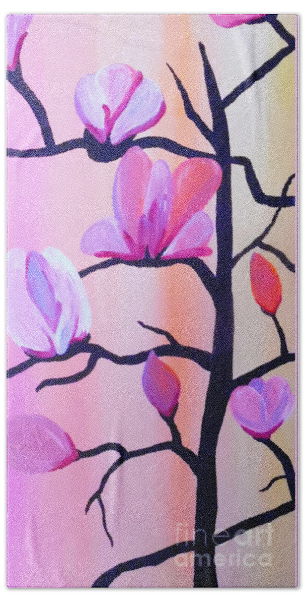 Pink Flowers Hand Towel featuring the painting Blossoming Branches by Jilian Cramb - AMothersFineArt