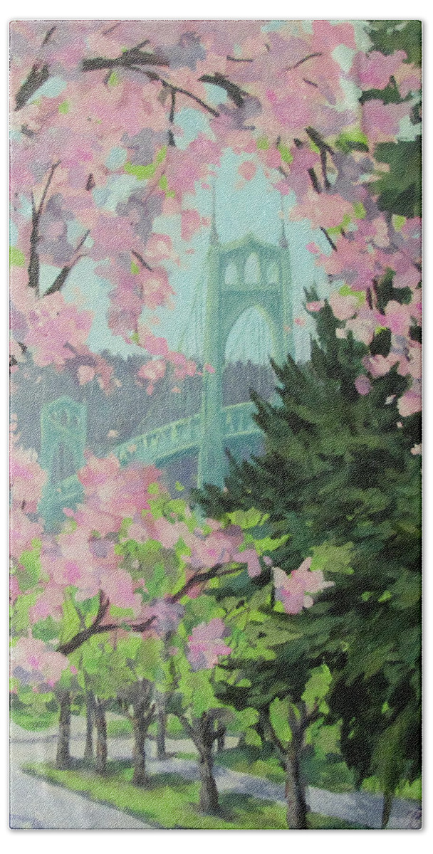 Bridge Bath Towel featuring the painting Blossoming Bridge by Karen Ilari