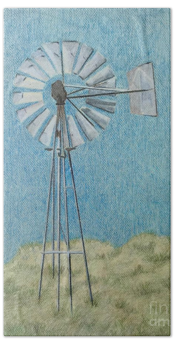 Wind Mill Hand Towel featuring the drawing Blowin' in the Wind by Glenda Zuckerman