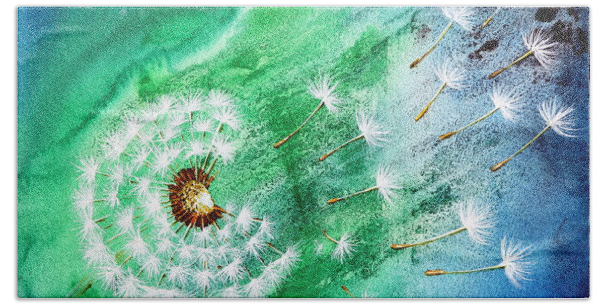 Dandelion Art Bath Towel featuring the painting Blown Away by Maria Barry