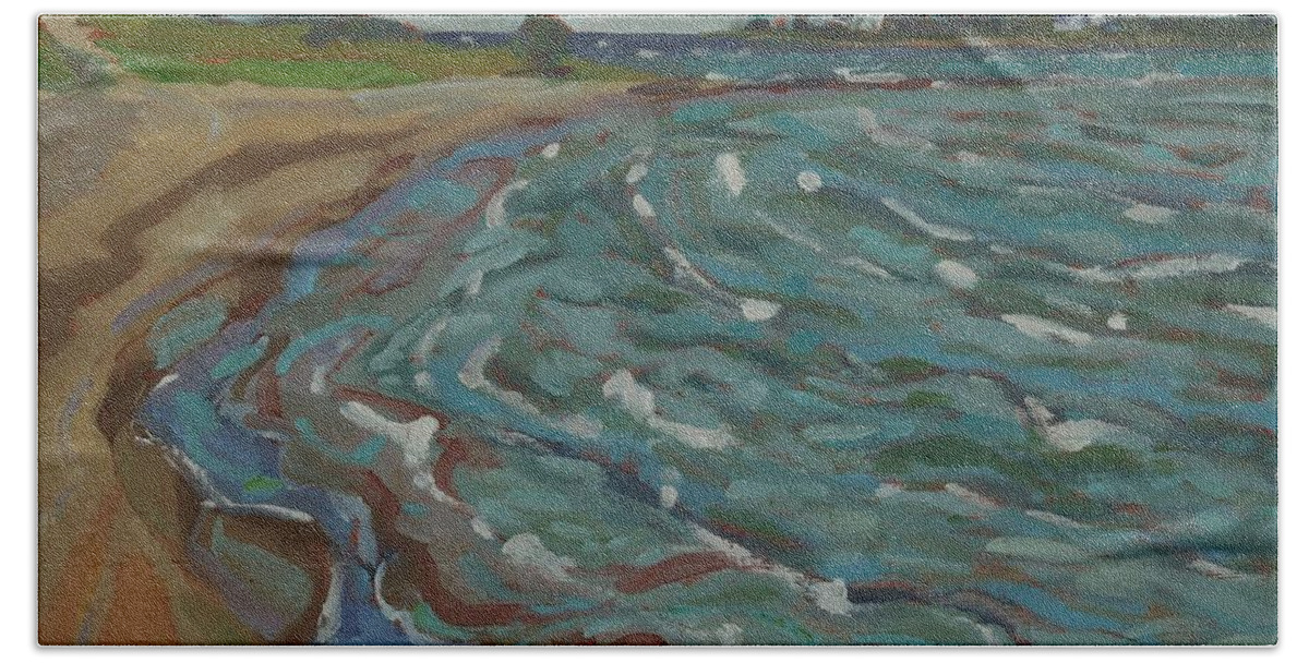 1150 Hand Towel featuring the painting Blown Away Southampton Beach by Phil Chadwick