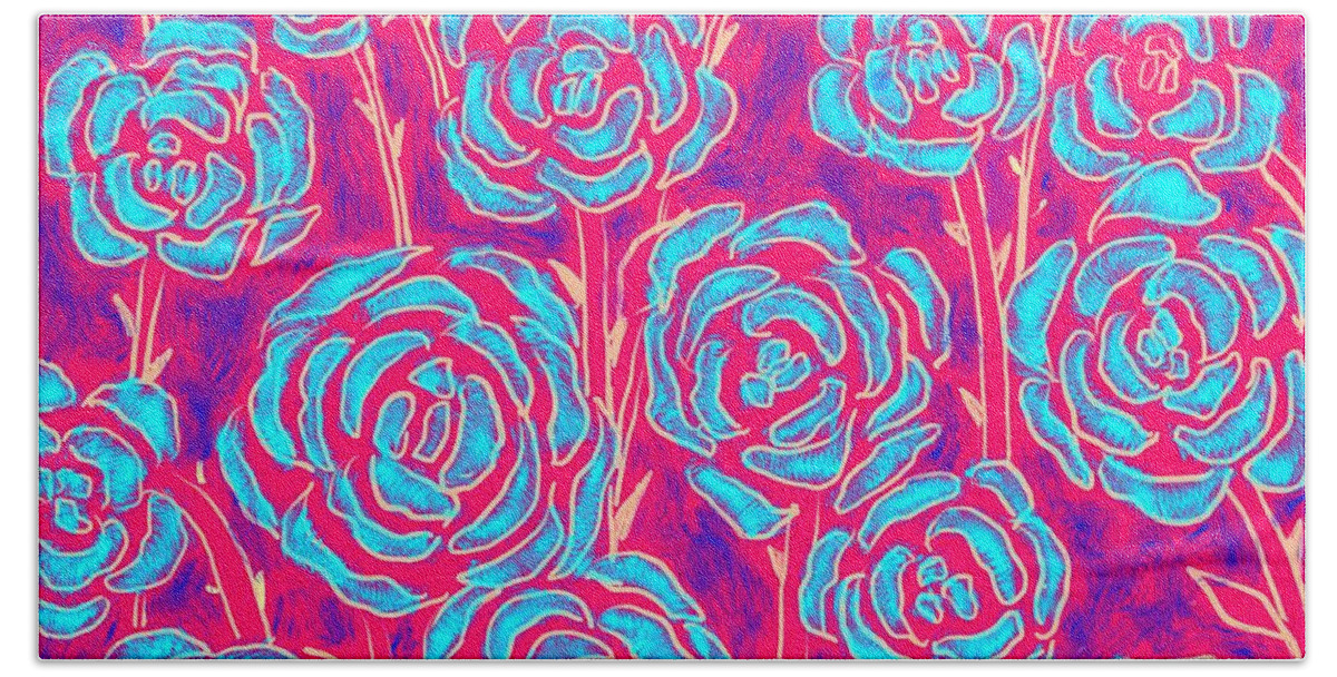 Roses Hand Towel featuring the digital art Blue Abstract Roses by Caroline Street