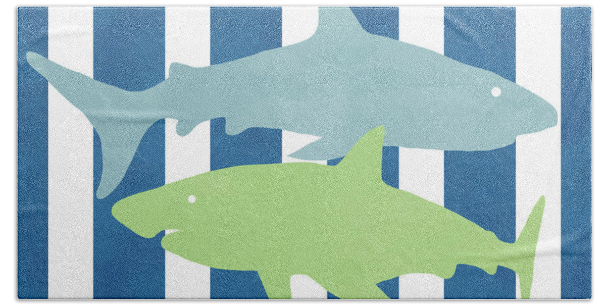 Shark Hand Towel featuring the mixed media Blue and Green Sharks- Art by Linda Woods by Linda Woods
