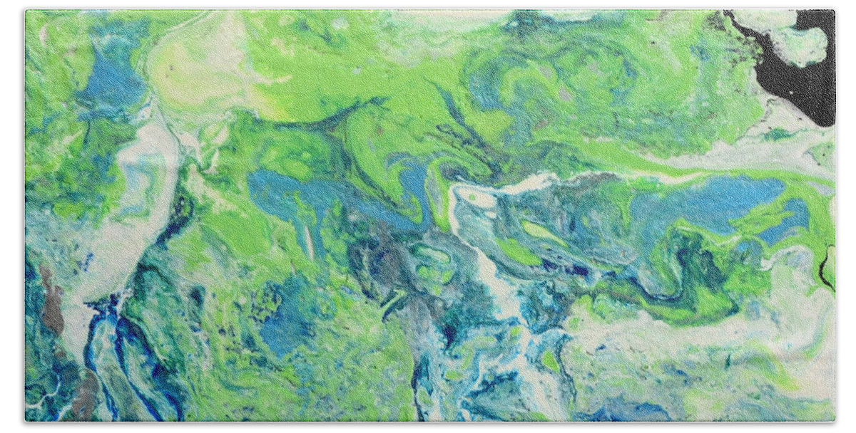 Green Bath Towel featuring the painting Blue and Green Vibrations by Shelly Tschupp