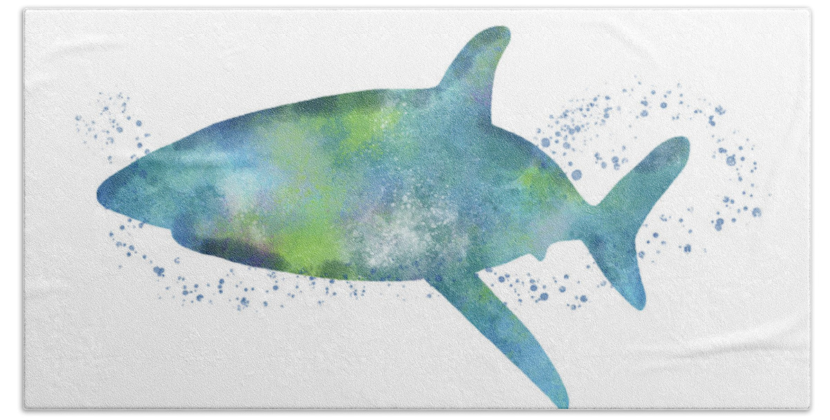 Watercolor Bath Towel featuring the painting Blue and Green Watercolor Shark 1-Art by Linda Woods by Linda Woods