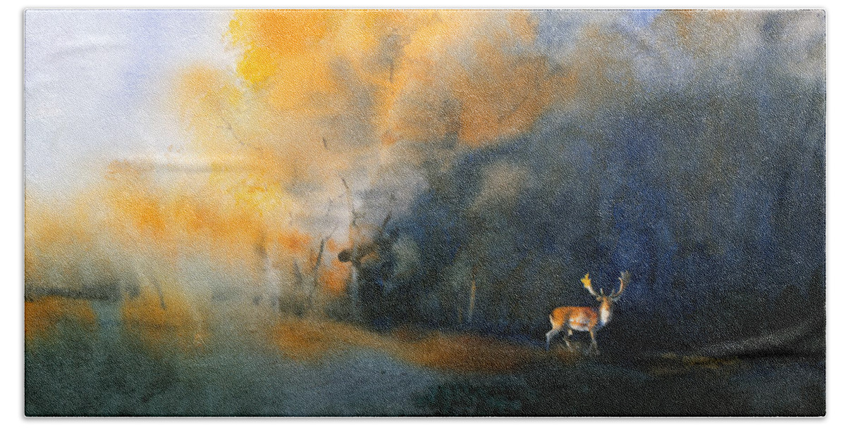 Deer Hand Towel featuring the painting Blue and Orange by Attila Meszlenyi