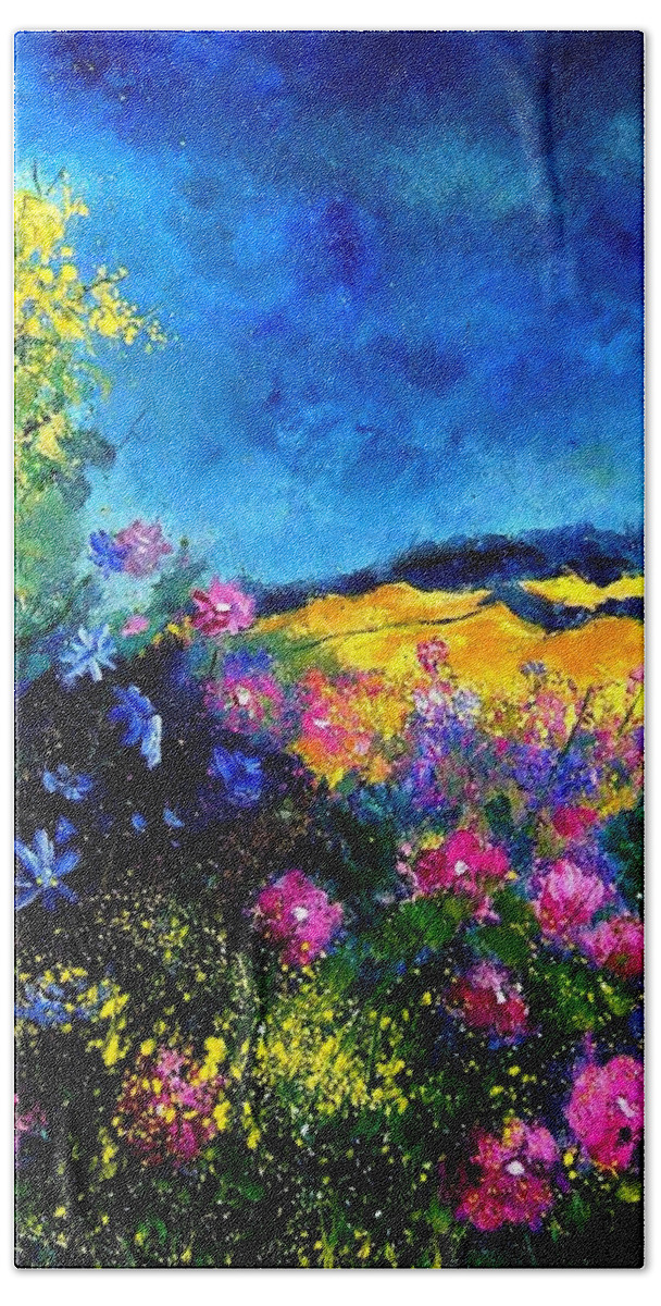 Landscape Bath Towel featuring the painting Blue and pink flowers by Pol Ledent