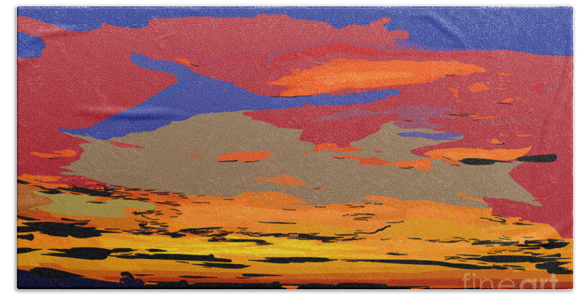 Abstract-sunset Bath Towel featuring the digital art Blue And Red Ocean Sunset by Kirt Tisdale