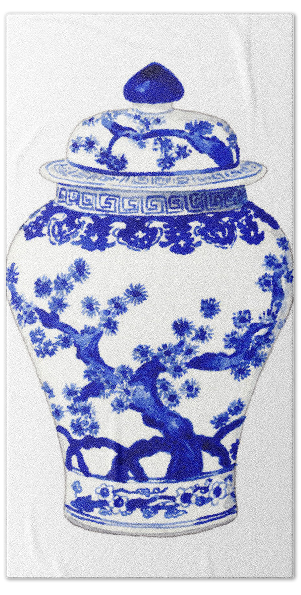 Blue And White China Hand Towel featuring the painting Blue and White Ginger Jar Chinoiserie 10 by Laura Row