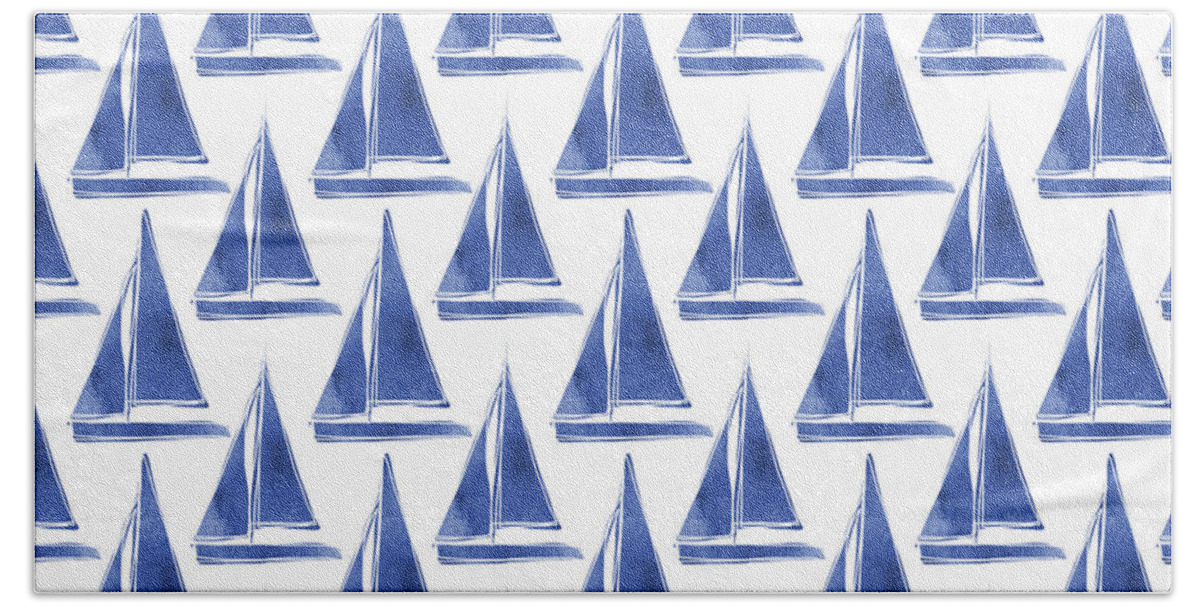 Boats Bath Towel featuring the digital art Blue and White Sailboats Pattern- Art by Linda Woods by Linda Woods