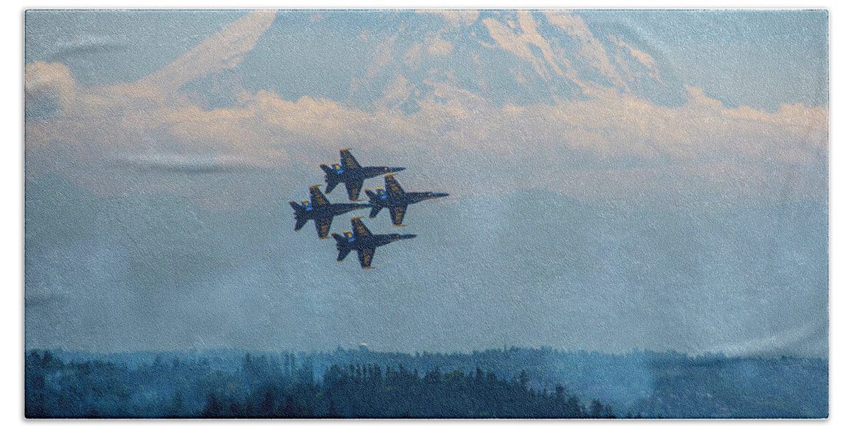Blue Angels Hand Towel featuring the photograph Blue Angels fly by Mount Rainier by Matt McDonald