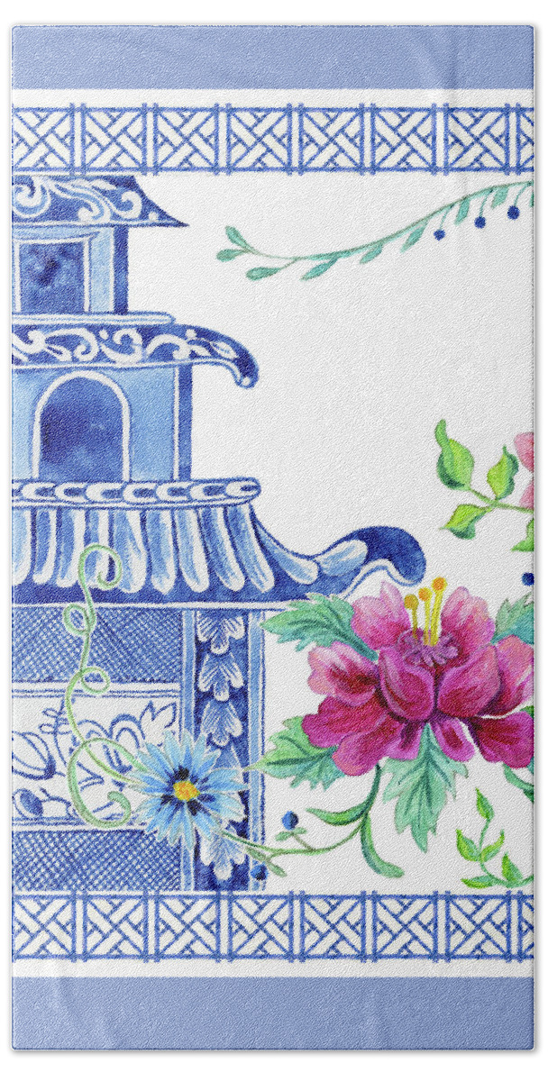 Chinese Hand Towel featuring the painting Blue Asian Influence 10 Vintage Style Chinoiserie Floral Pagoda w Chinese Chippendale Border by Audrey Jeanne Roberts