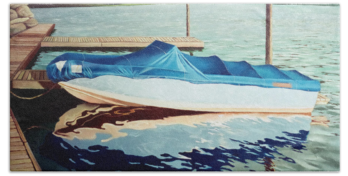 Blue Boat Bath Towel featuring the painting Blue Boat by Christopher Shellhammer