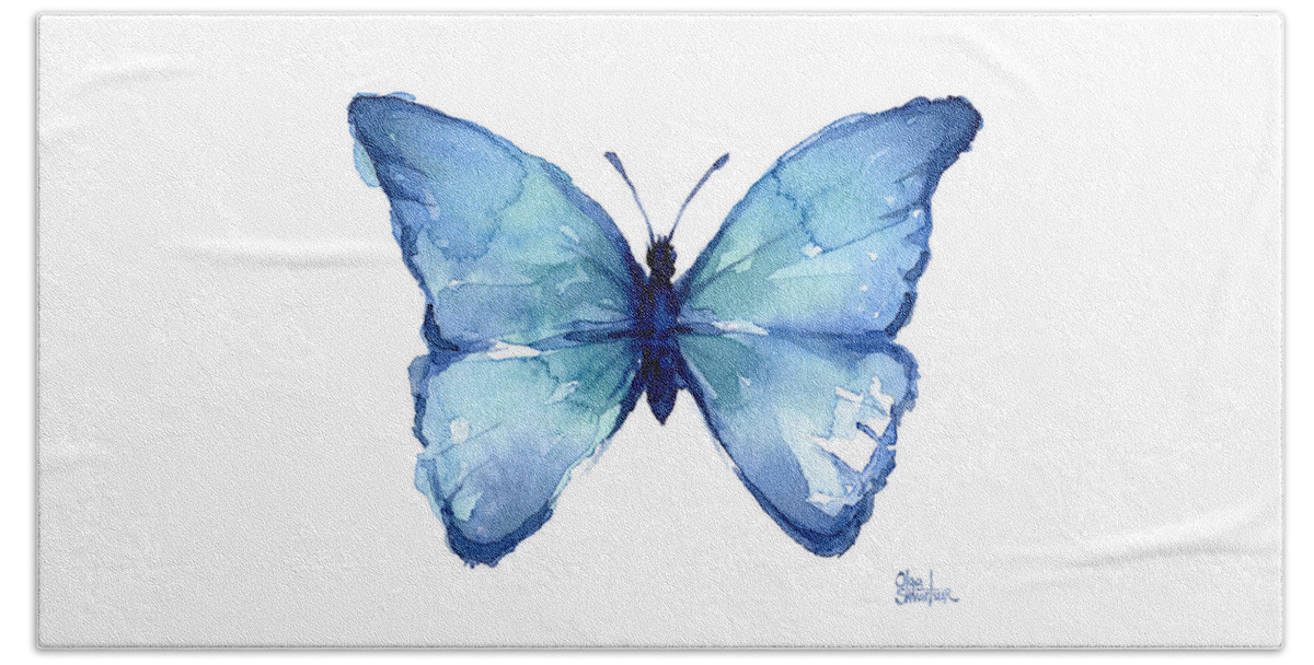 Watercolor Hand Towel featuring the painting Blue Butterfly Watercolor by Olga Shvartsur