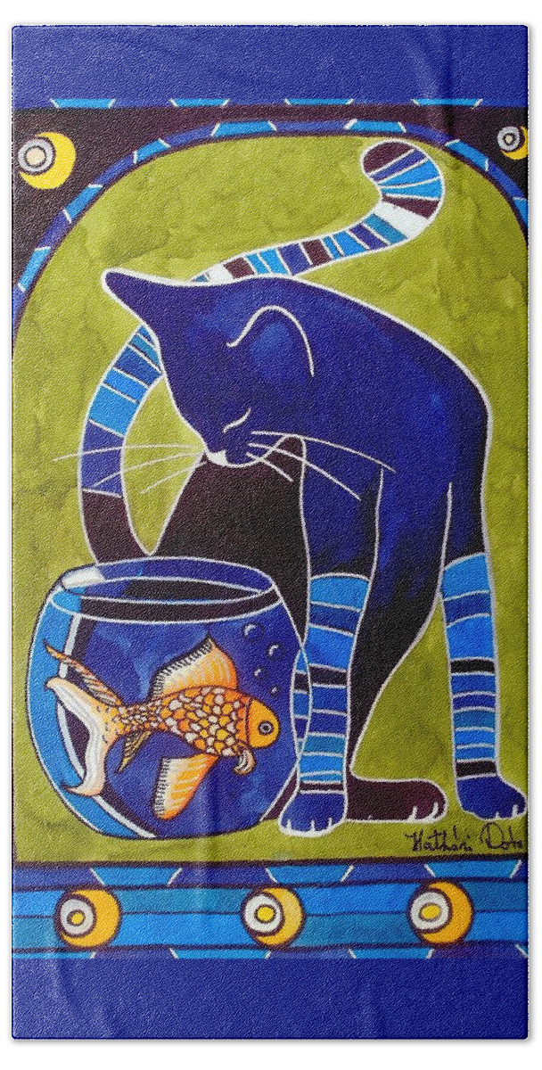 Cats Hand Towel featuring the painting Blue Cat with Goldfish by Dora Hathazi Mendes