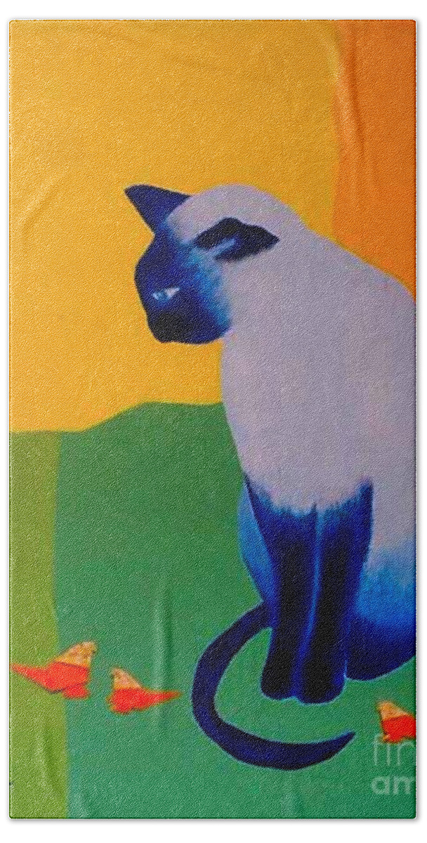 Painting Bath Towel featuring the painting Blue cat by Wonju Hulse