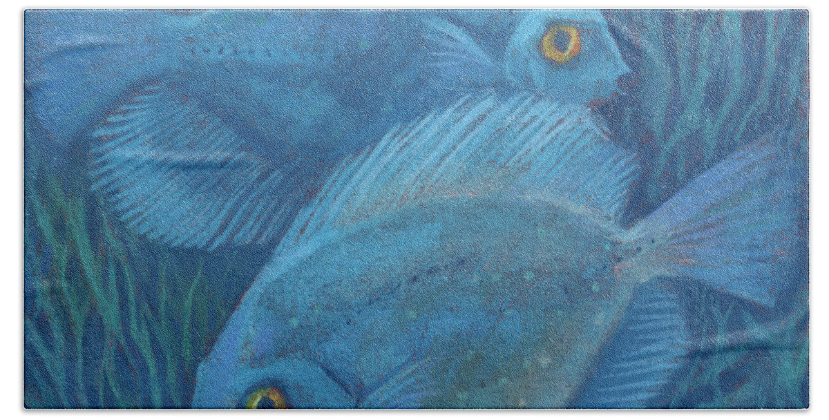 Underwater Bath Towel featuring the painting Blue discuses by Julia Khoroshikh