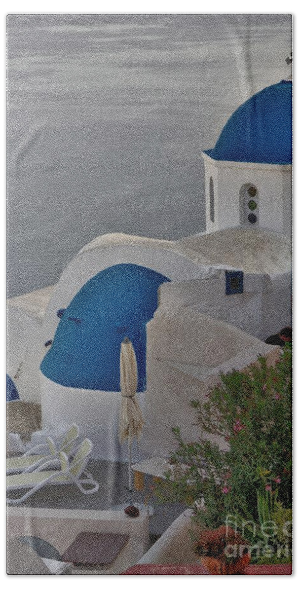 Santorini Hand Towel featuring the photograph Blue Domes by Jeremy Hayden