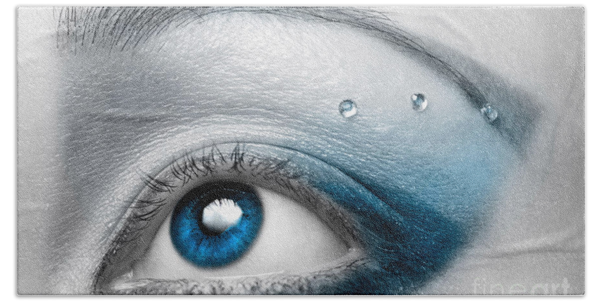 Eye Hand Towel featuring the photograph Blue Female Eye Macro with Artistic Make-up by Maxim Images Exquisite Prints