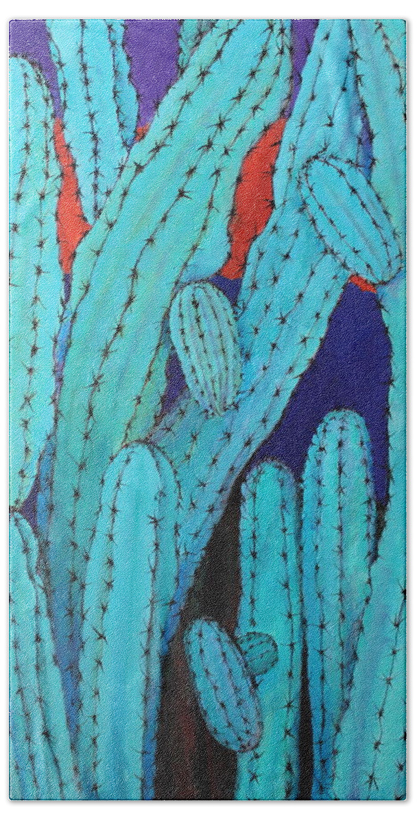 Cactus Hand Towel featuring the painting Blue Flame Cactus Acrylic by M Diane Bonaparte