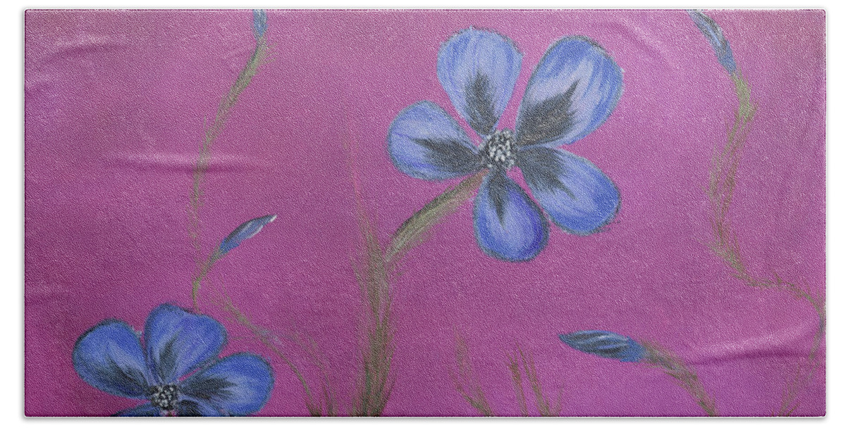 Fine Art Bath Towel featuring the painting Blue Flower Magenta Background by Stephen Daddona