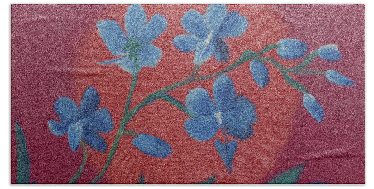 Fine Art Hand Towel featuring the painting Blue Flower on Magenta by Stephen Daddona