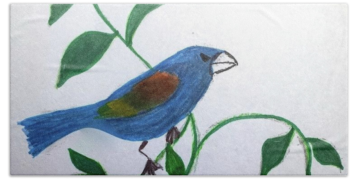Helps Us To Recognize Our Own Voice And Internal Power Hand Towel featuring the painting Blue Grosbeak by Margaret Welsh Willowsilk