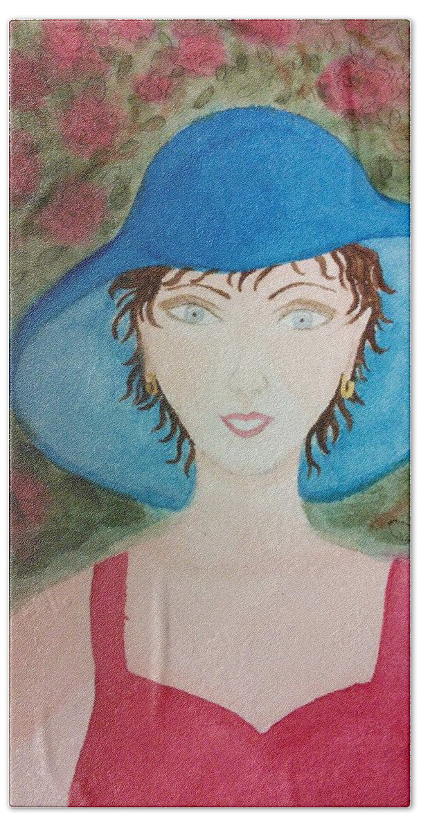 Blue Hat Hand Towel featuring the painting Blue Hat by Susan Nielsen