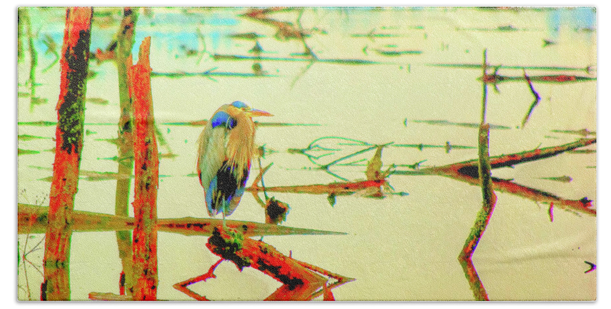 Exhibitions Reflection Hand Towel featuring the photograph Blue Heron by Dale Stillman