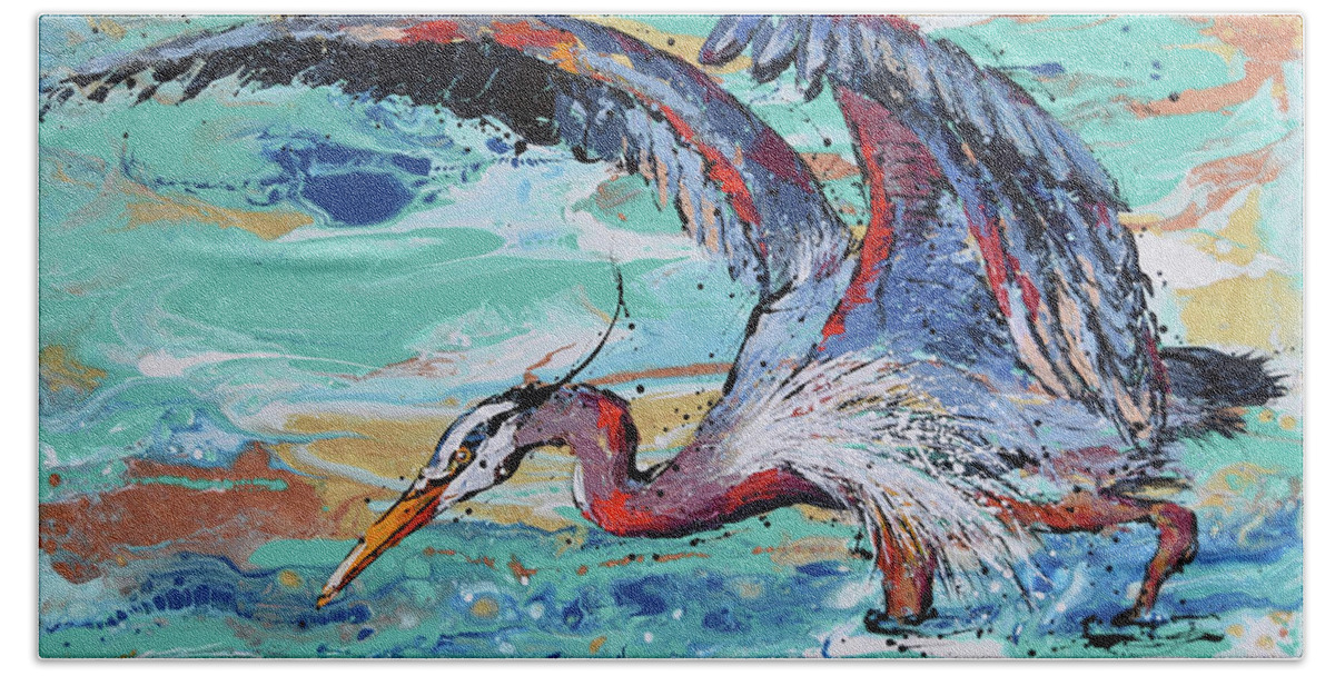 Great Blue Heron Bath Towel featuring the painting Blue Heron Hunting by Jyotika Shroff