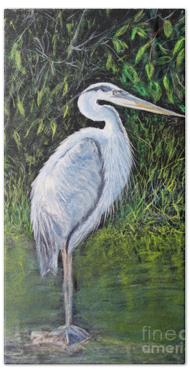 Animal Bath Towel featuring the painting Blue Heron by Lyric Lucas