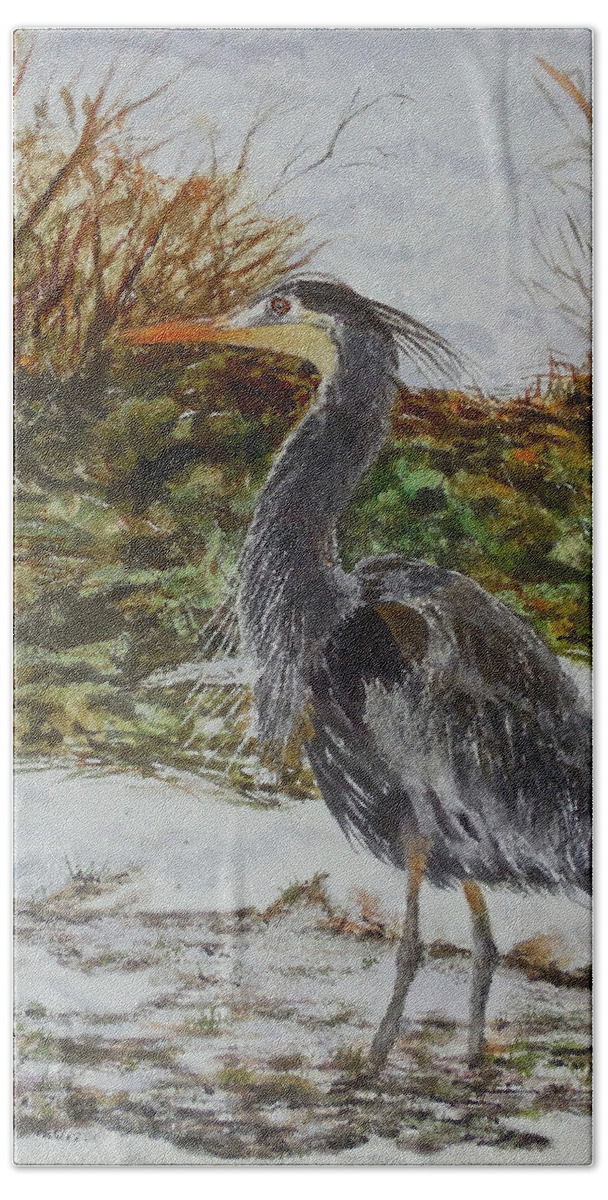 Watercolour Painting Hand Towel featuring the painting Blue Heron by Sher Nasser