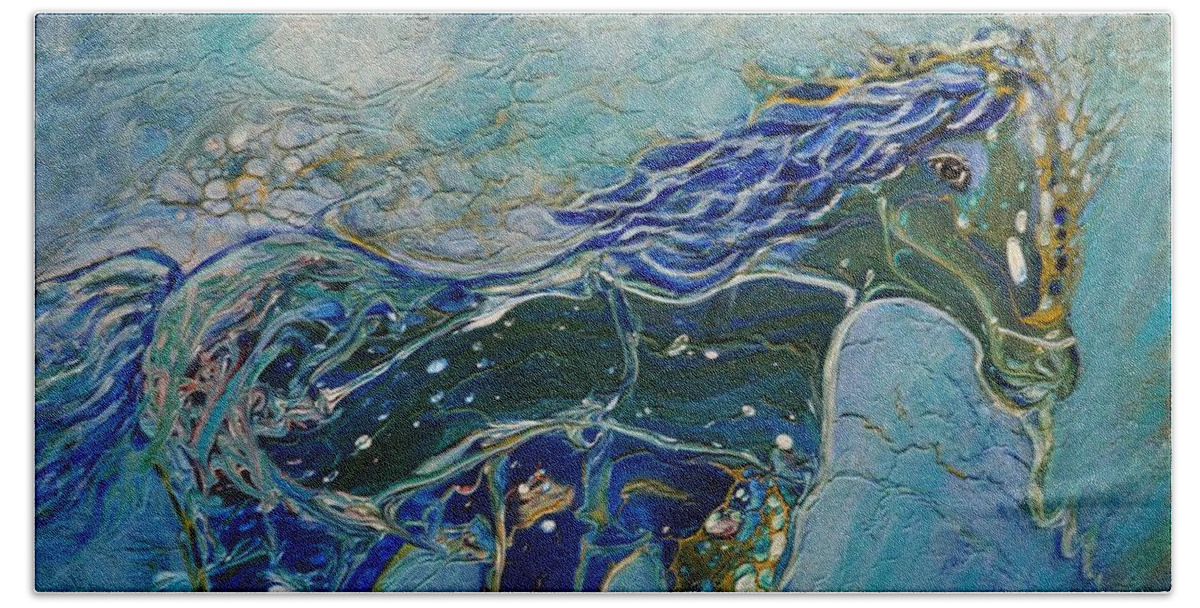 Acrylic Pour Bath Towel featuring the painting Blue Horse by Deborah Nell